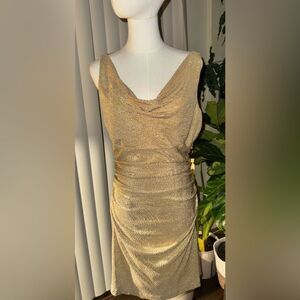 Lauren Ralph Lauren Gold Metallic Ruched Cowl Neck Sheath Dress Size 10